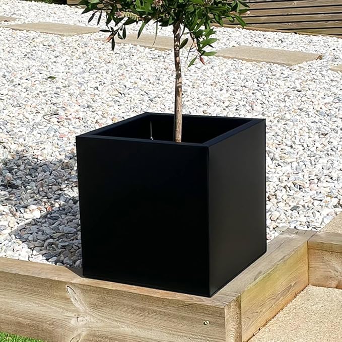40cm Cube Planter Black Metal Outdoor Garden Pot Drainage - Kwikley