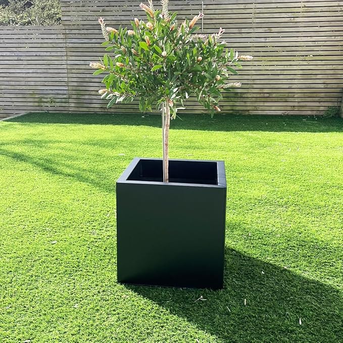 40cm Cube Planter Black Metal Outdoor Garden Pot Drainage - Kwikley