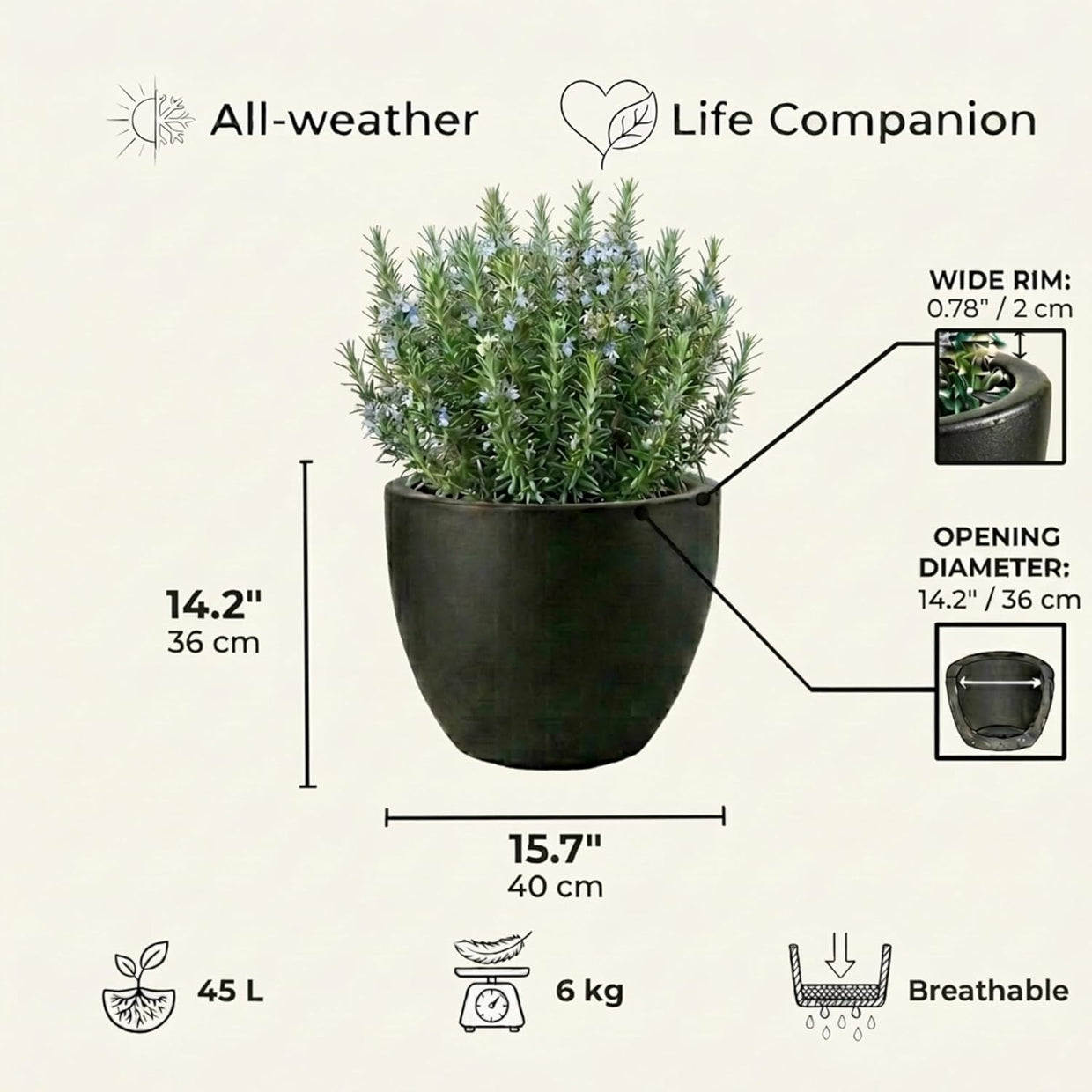 40cm Egg Planter Black Stone Effect Plant Pot 45L Garden - Kwikley