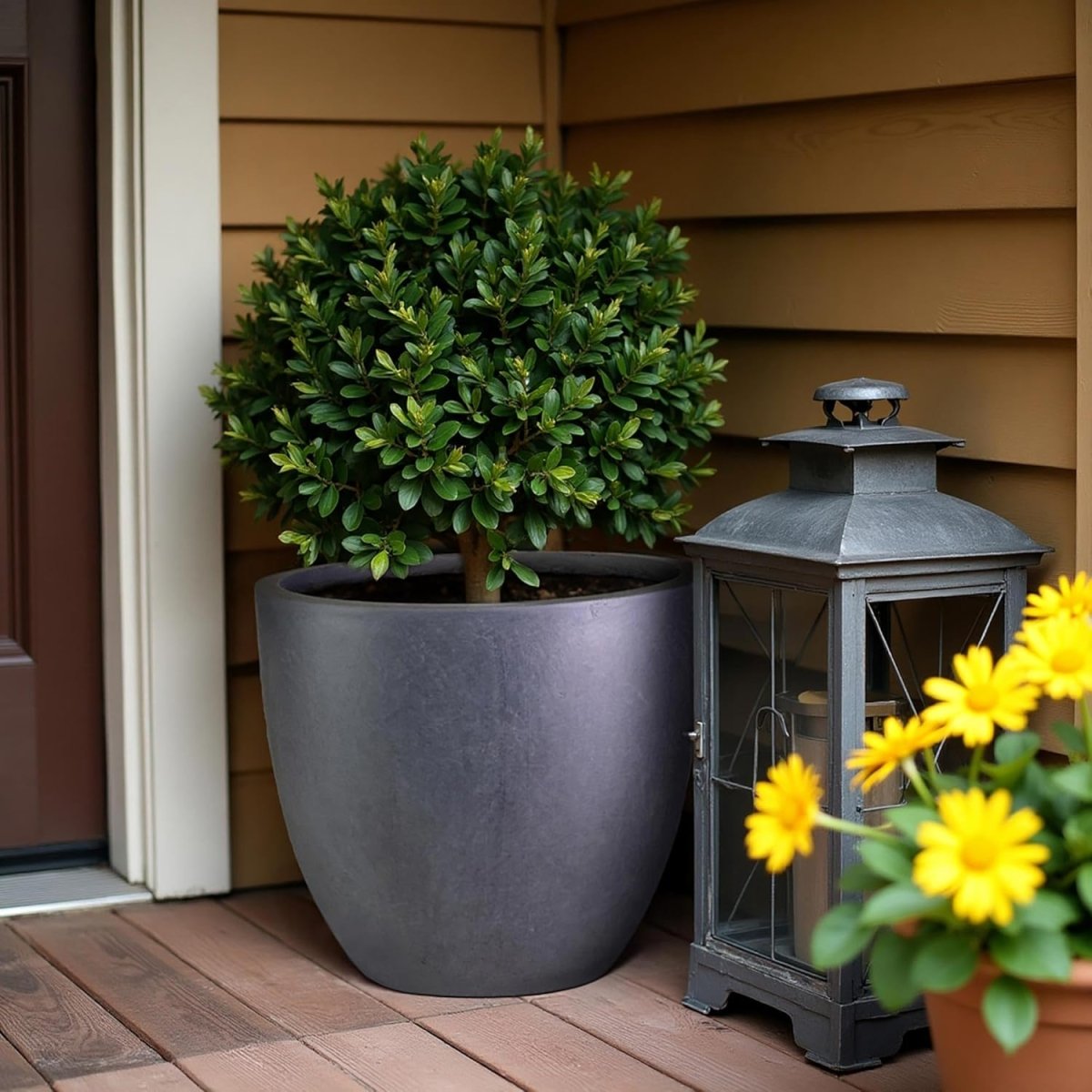 40cm Round Planter Dark Grey Stone Effect Outdoor Plant Pot - Kwikley