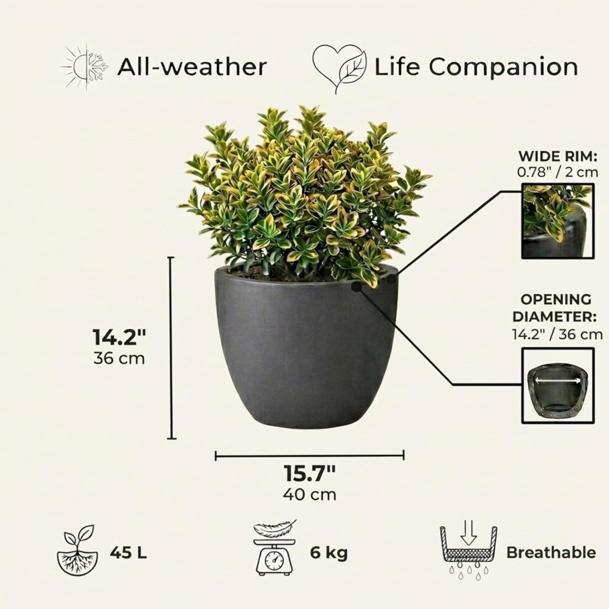 40cm Round Planter Dark Grey Stone Effect Outdoor Plant Pot - Kwikley