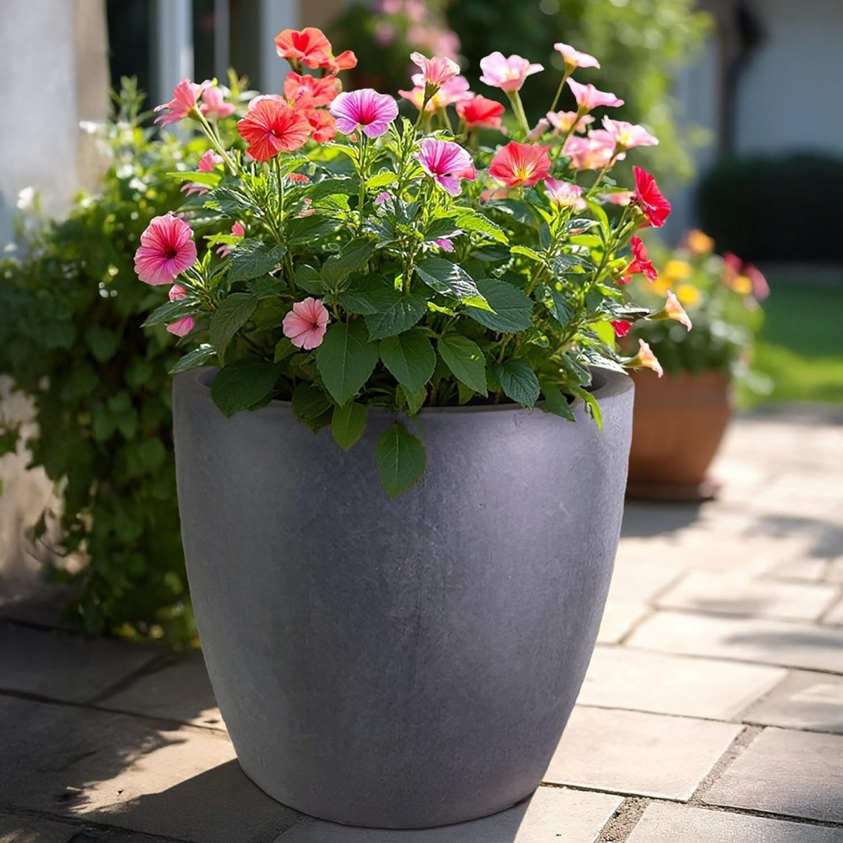 40cm Round Planter Dark Grey Stone Effect Outdoor Plant Pot - Kwikley