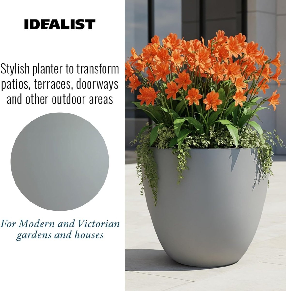 40cm Round Planter Grey Stone Effect Outdoor Plant Pot - Kwikley