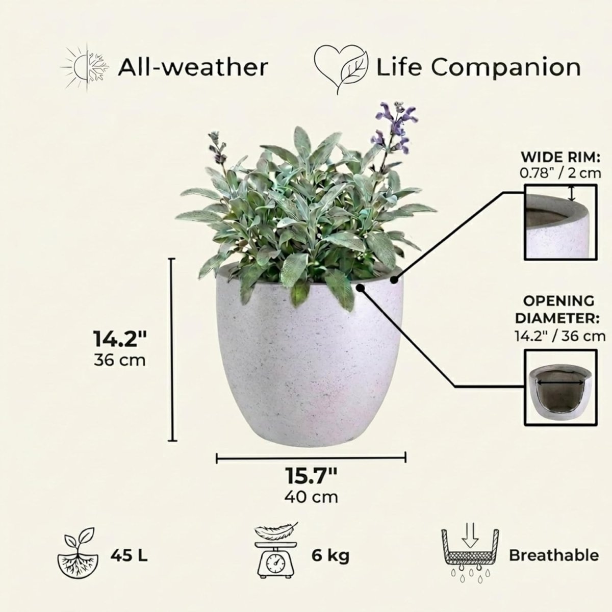 40cm Round Planter Speckled Grey Stone Effect Outdoor Pot - Kwikley