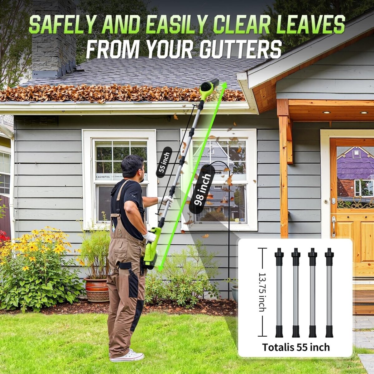 40V Cordless Leaf Blower 30000RPM Gutter Cleaner Adjustable Pole - Kwikley