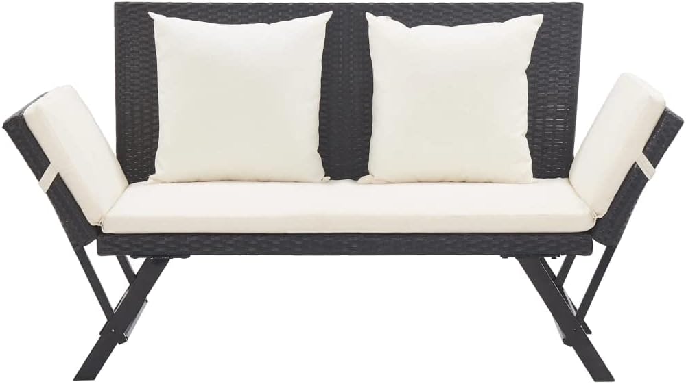 Rattan Garden Bench Day Bed Convertible Patio Lounge w/Cushions