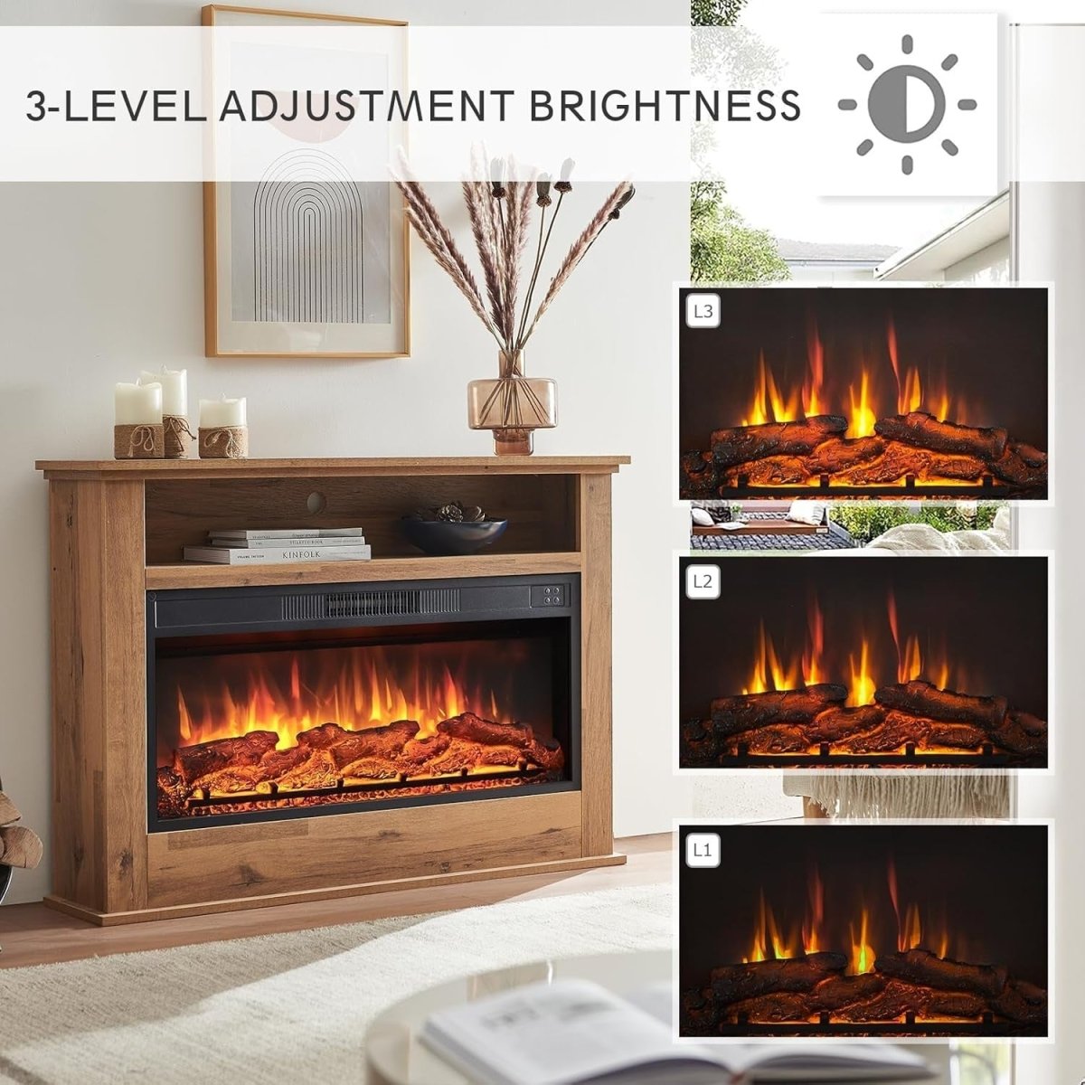 41" Electric Fireplace Heater Cabinet Oak LED Flame Effect TV Stand - Kwikley