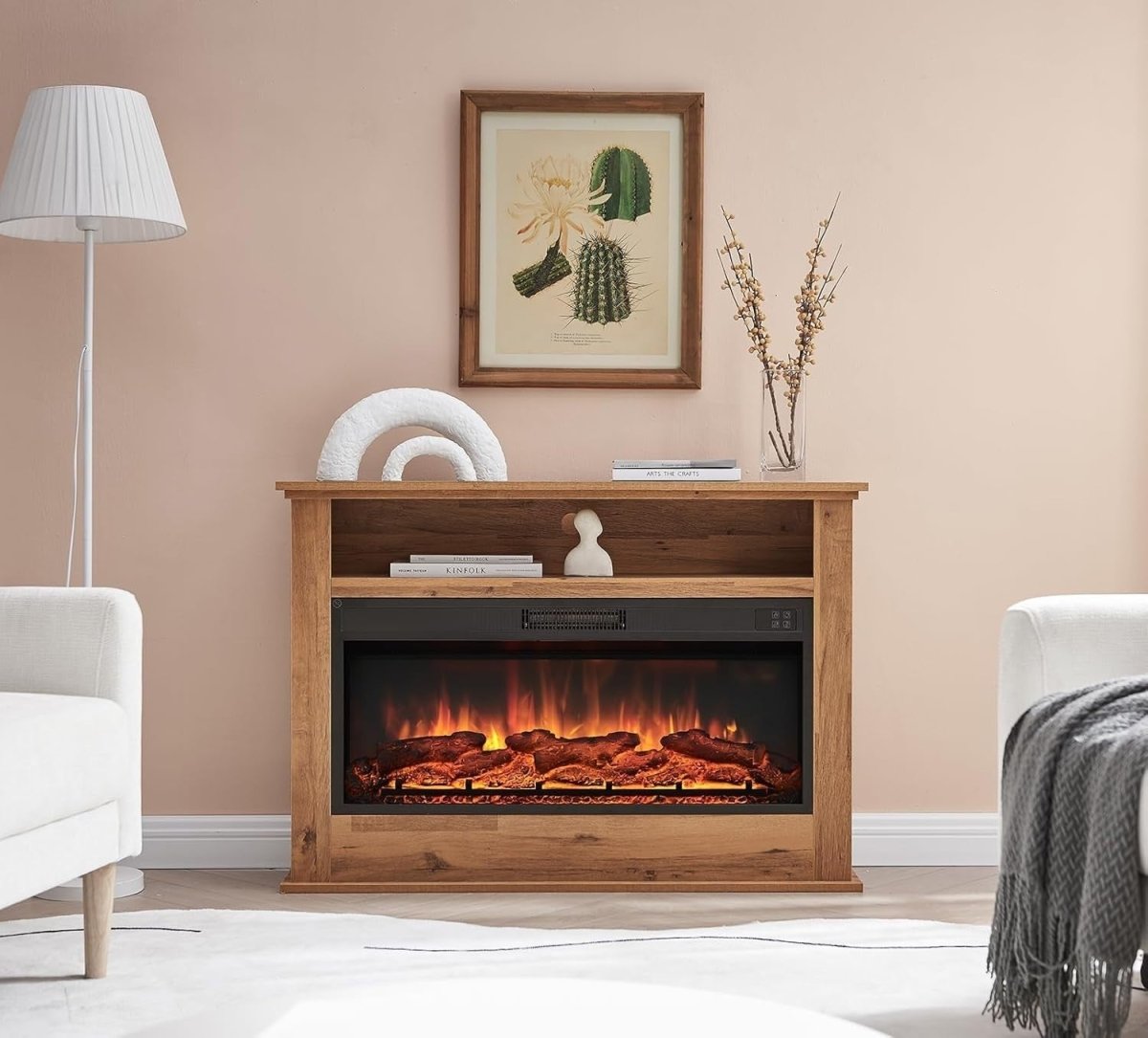 41" Electric Fireplace Heater Cabinet Oak LED Flame Effect TV Stand - Kwikley