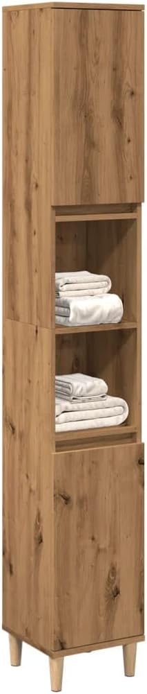 Tall Bathroom Cabinet 6 Compartment 2 Door Oak Unit
