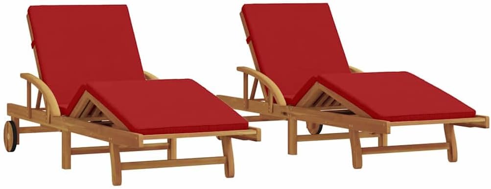 2 Pack Acacia Wood Sun Loungers Cushioned Red