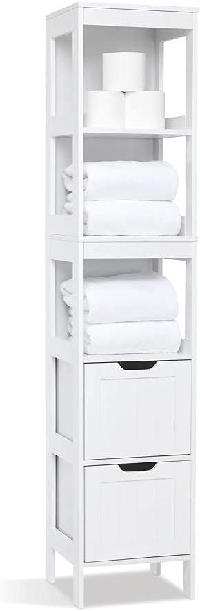 Tall Slim Bathroom Storage Cabinet 2 Drawers 3 Shelves White MDF