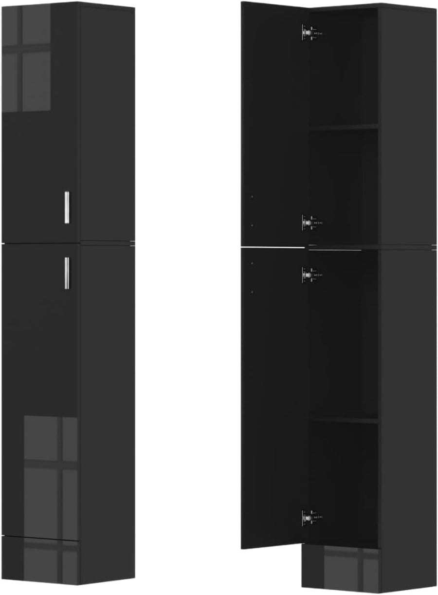 High Gloss Black Tall Bathroom Cabinet 2 Door 4 Shelf 188cm