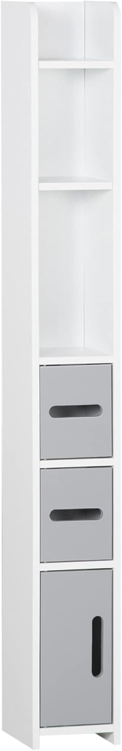 Slim Tall Bathroom Storage Cabinet 3 Doors Open Shelves Grey
