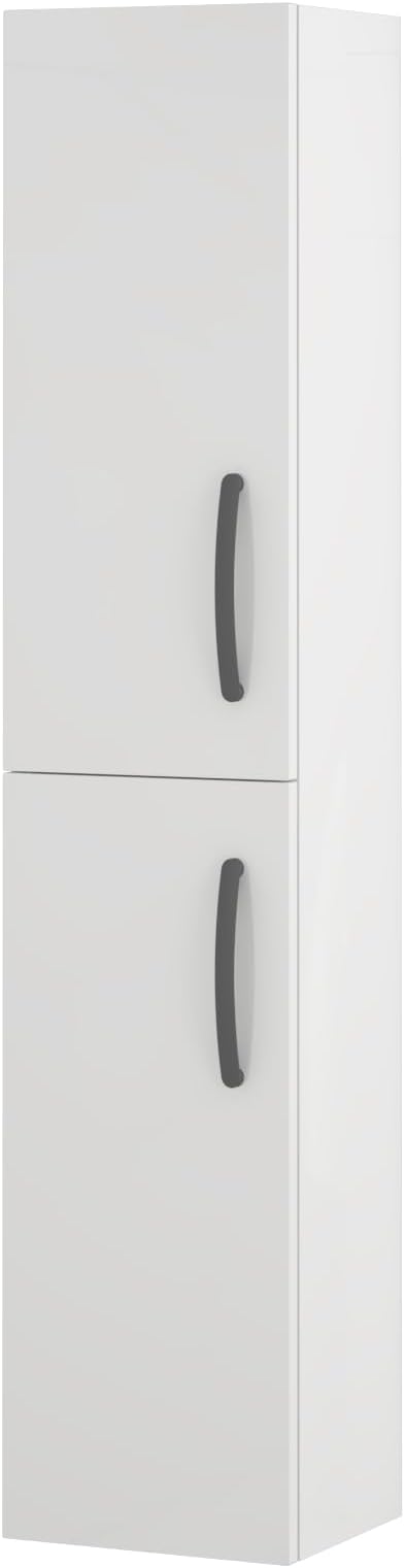 Gloss White Wall Hung Tall Bathroom Cabinet 2 Door Black Handle