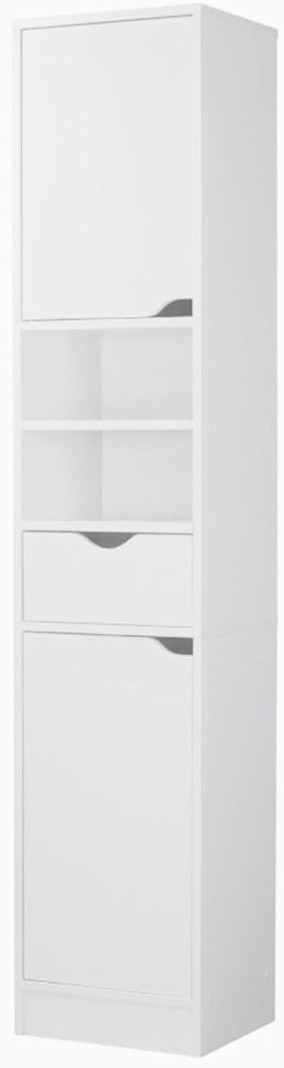 Tall Bathroom Storage Cabinet 8 Shelf Drawer Door Unit White