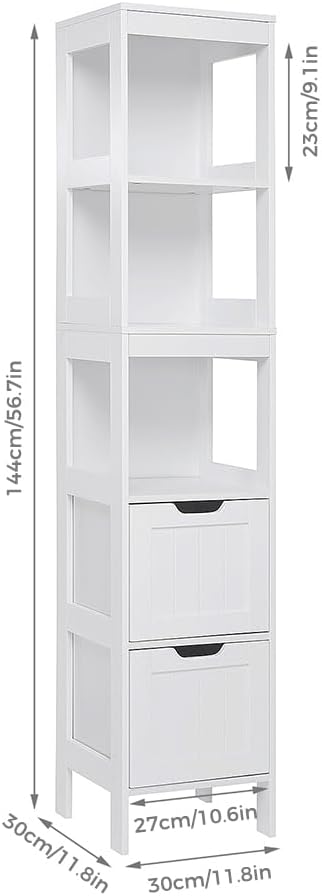 Tall Slim Bathroom Storage Cabinet 2 Drawers 3 Shelves White MDF