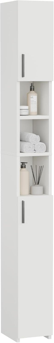 Slim Tall Bathroom Cabinet White 2 Door Shelf Unit
