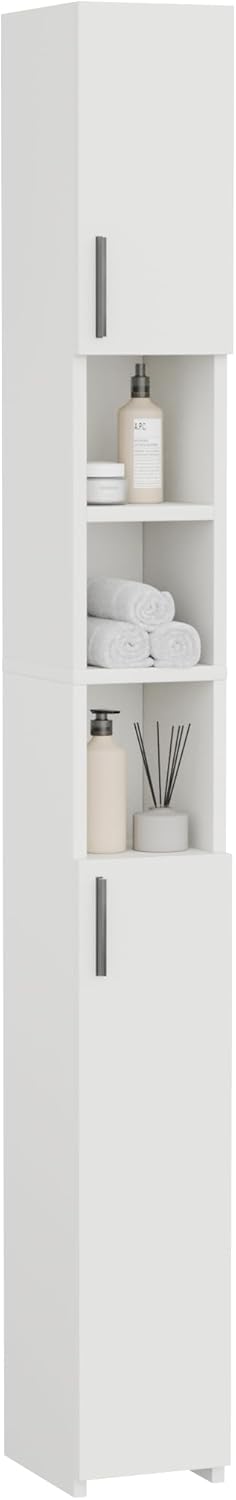 Slim Tall Bathroom Cabinet White 2 Door Shelf Unit