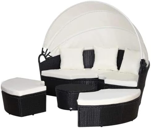 5 Piece Round Rattan Daybed Set with Canopy Beige
