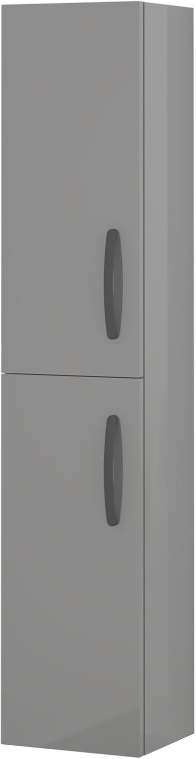 Grey Gloss Wall Hung Tall Bathroom Cabinet Black Handle