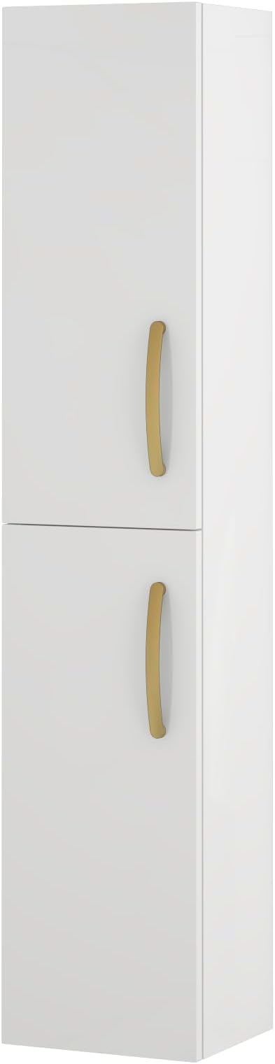 Gloss White Wall Hung Tall Bathroom Cabinet Gold Handle
