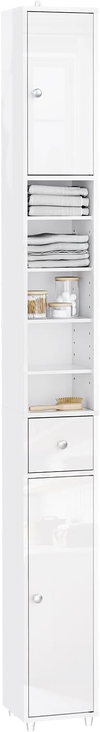 Slim Tall Bathroom Cabinet High Gloss White Drawer 180cm
