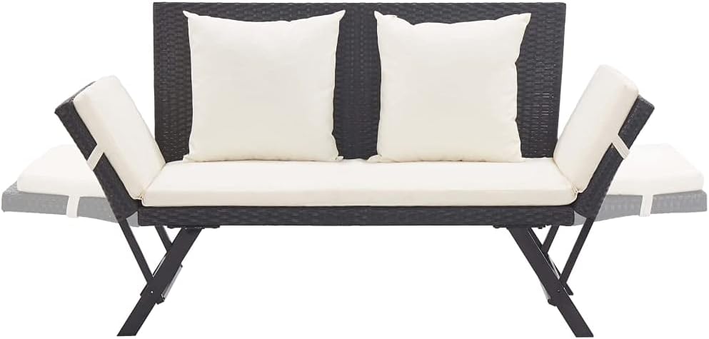 Rattan Garden Bench Day Bed Convertible Patio Lounge w/Cushions