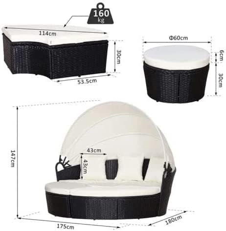 180CM Rattan Daybed Replacement Canopy and Frame Cream