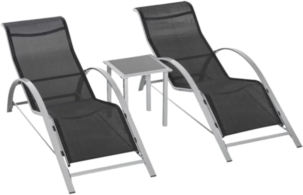3 Piece Garden Sun Lounger Set Recliners Side Table Black