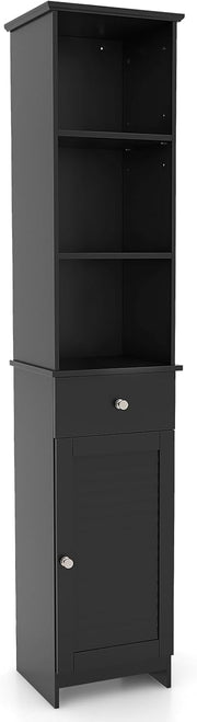 Slim Bathroom Tall Cabinet Drawer Door Shelf Unit Black