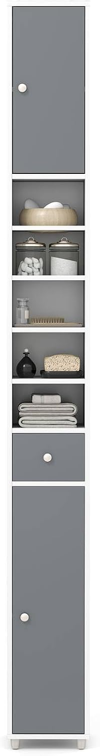 Tall Slim Storage Cabinet Grey White Drawer Shelf Unit