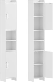 Tall Slim Bathroom Storage Cabinet 2 Doors Open Shelves White