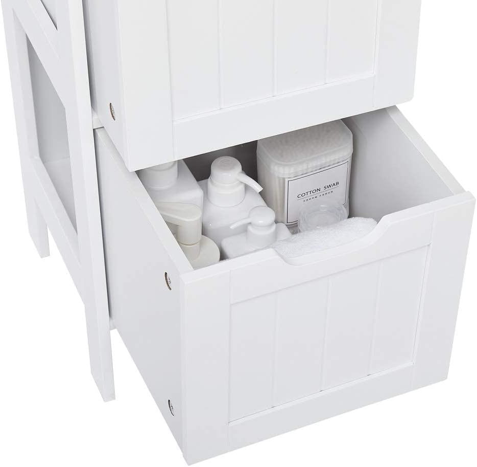 Tall Slim Bathroom Storage Cabinet 2 Drawers 3 Shelves White MDF