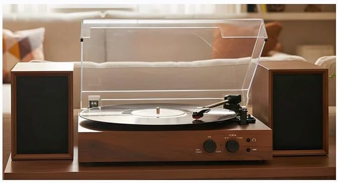 Stereo Record Player with Dual 10W Speakers Bluetooth Walnut