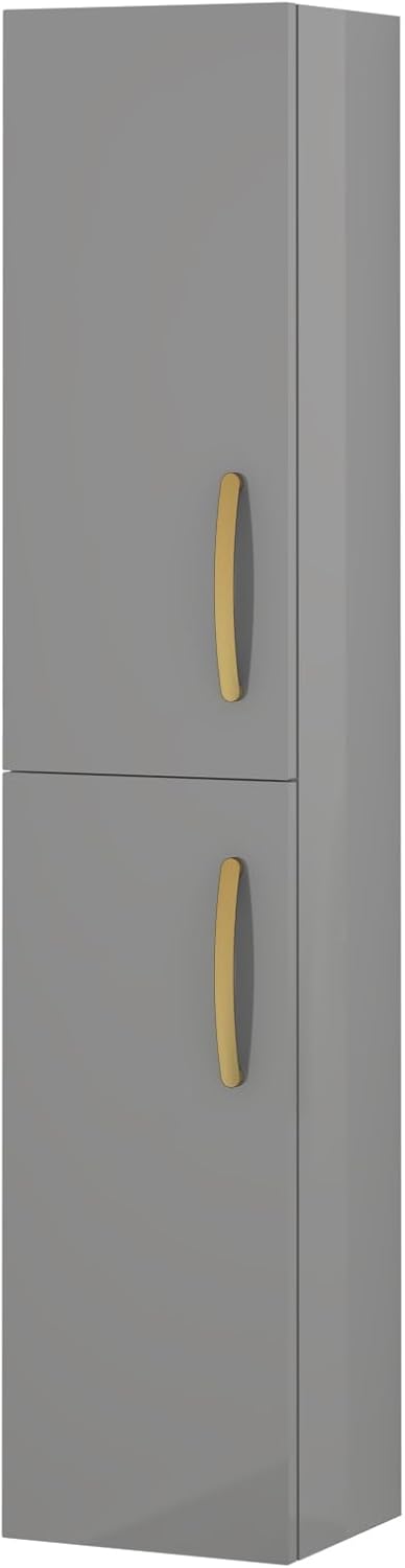 Grey Gloss Wall Hung Tall Bathroom Cabinet Gold Handle