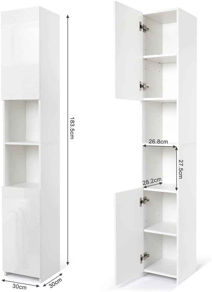 Tall Slim Bathroom Cabinet White High Gloss Storage Unit 6 Space
