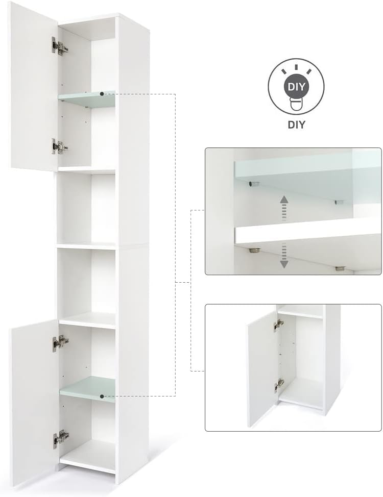 Tall Slim Bathroom Cabinet White High Gloss Storage Unit 6 Space