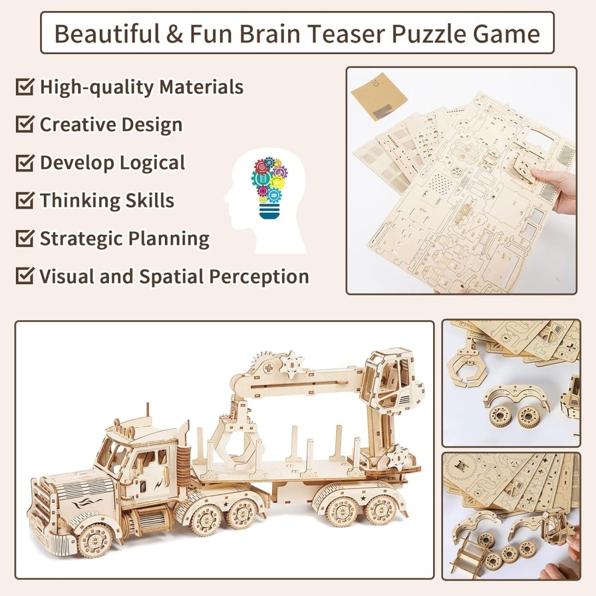 428pc Wooden Truck Crane Model Kit 3D Mechanical Puzzle DIY Build - Kwikley