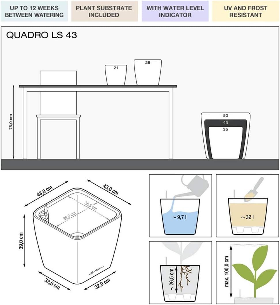 43cm Self Watering Plant Pot High Gloss Square Indoor Outdoor - Kwikley