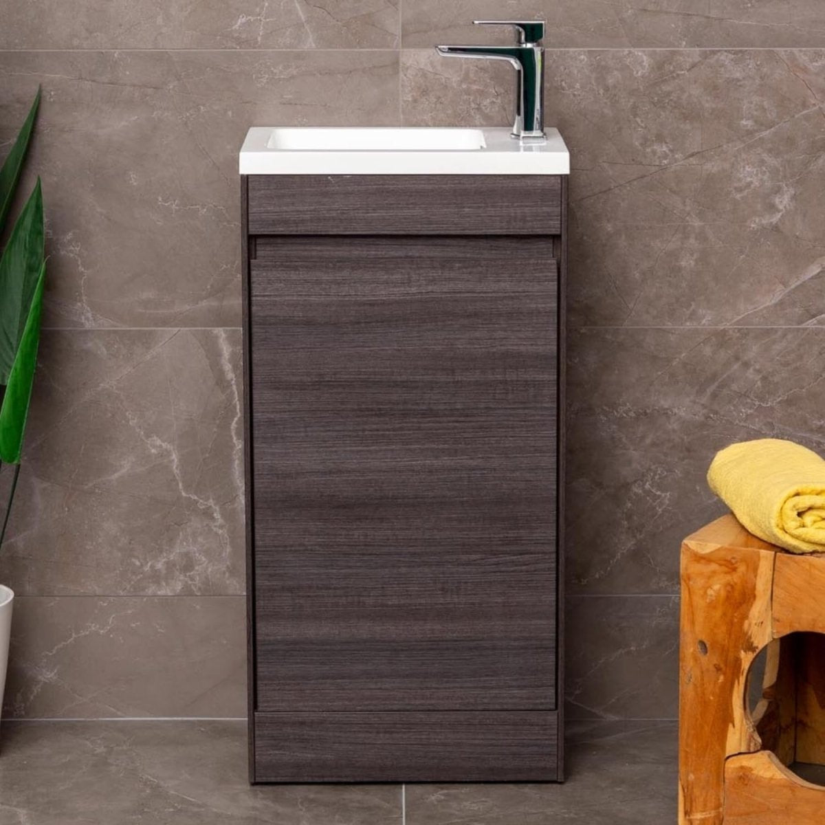 440mm Dark Oak Floor Standing Vanity Unit with Polymarble Basin & Soft Close Doo - Kwikley