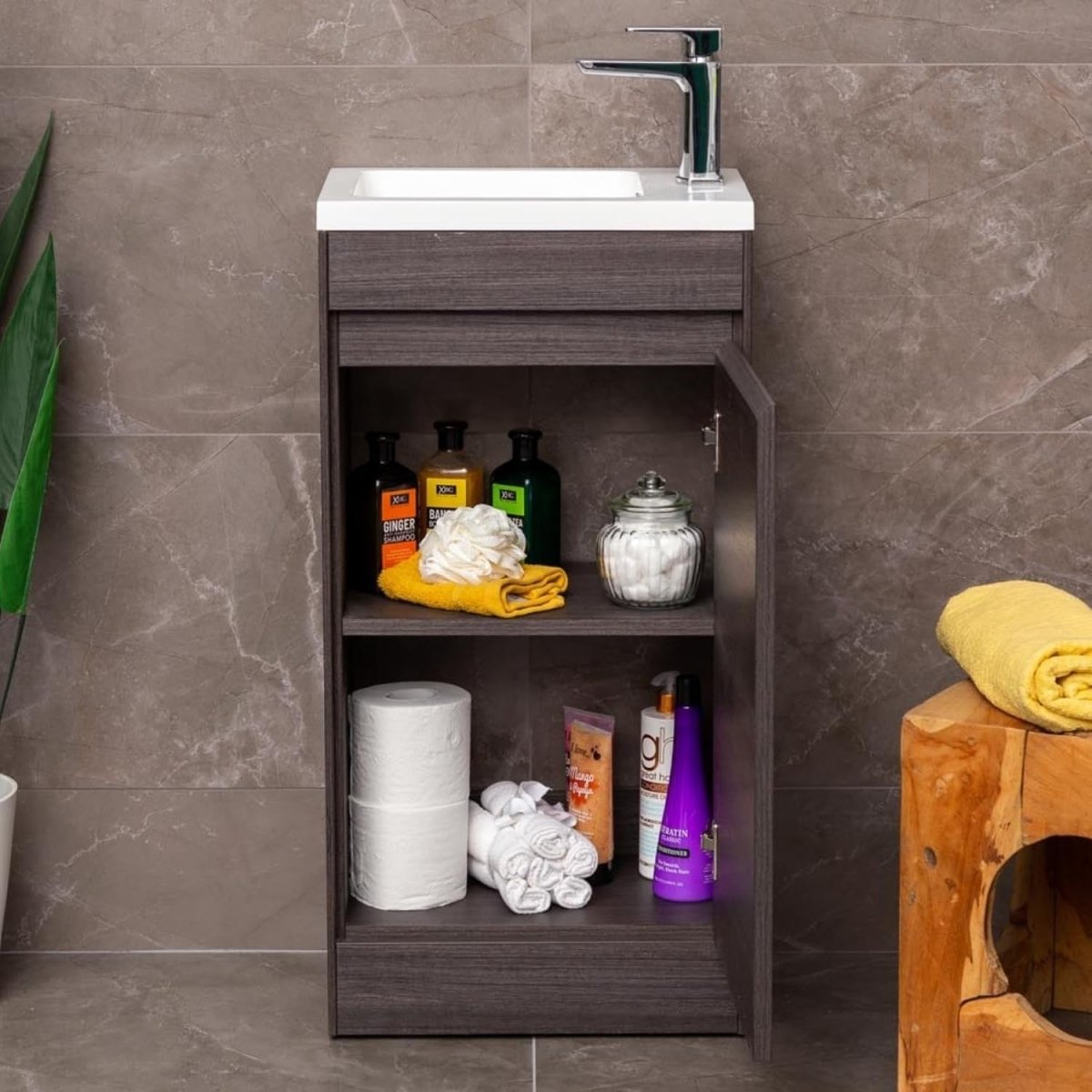 440mm Dark Oak Floor Standing Vanity Unit with Polymarble Basin & Soft Close Doo - Kwikley