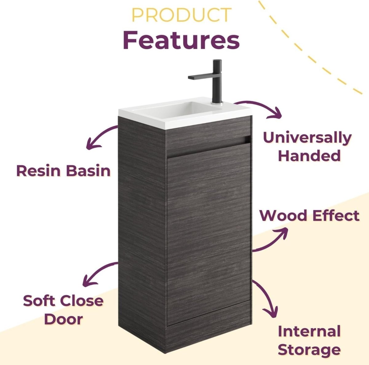440mm Dark Oak Floor Standing Vanity Unit with Polymarble Basin & Soft Close Doo - Kwikley