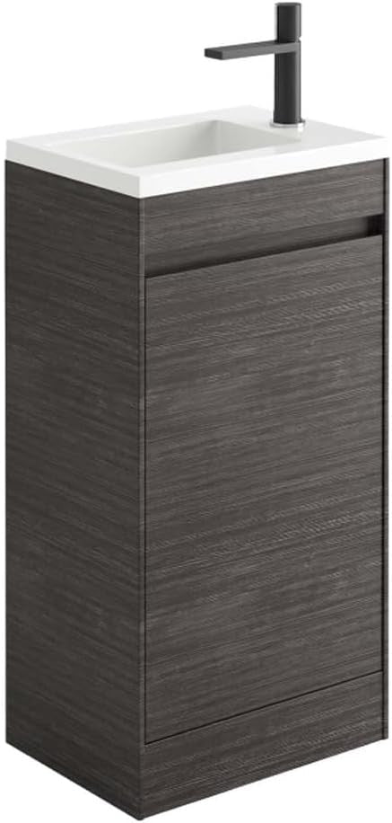 440mm Dark Oak Floor Standing Vanity Unit with Polymarble Basin & Soft Close Doo - Kwikley