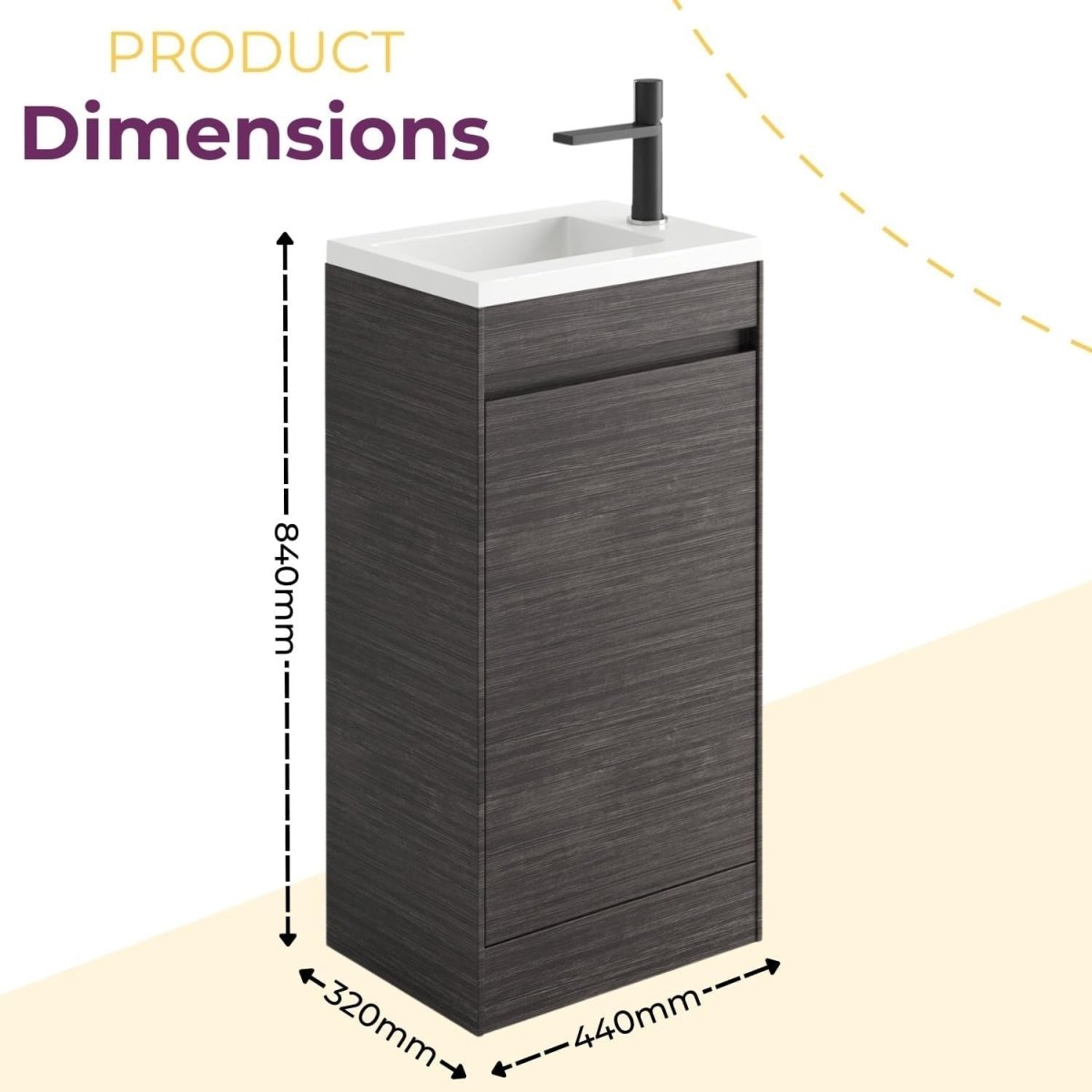 440mm Dark Oak Floor Standing Vanity Unit with Polymarble Basin & Soft Close Doo - Kwikley