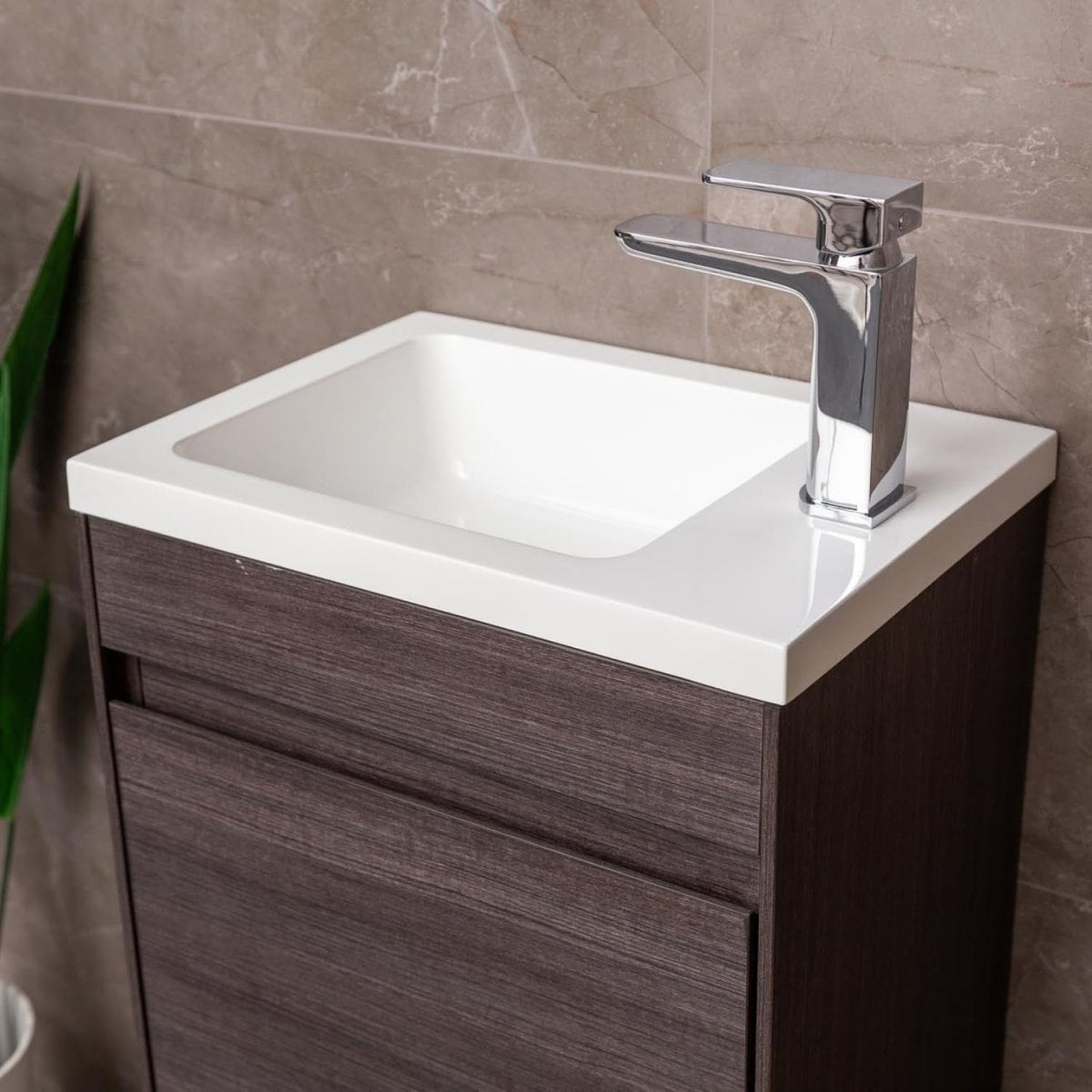 440mm Dark Oak Floor Standing Vanity Unit with Polymarble Basin & Soft Close Doo - Kwikley