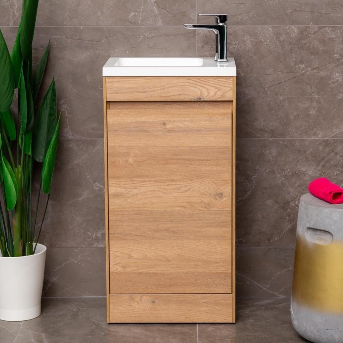440mm Natural Oak Floor Standing Vanity Unit with Polymarble Basin & Soft Close - Kwikley