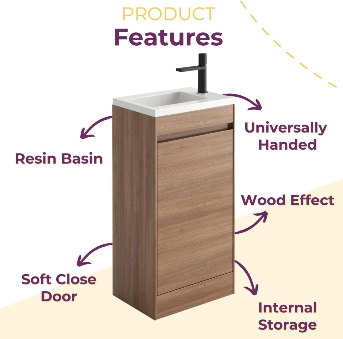 440mm Natural Oak Floor Standing Vanity Unit with Polymarble Basin & Soft Close - Kwikley