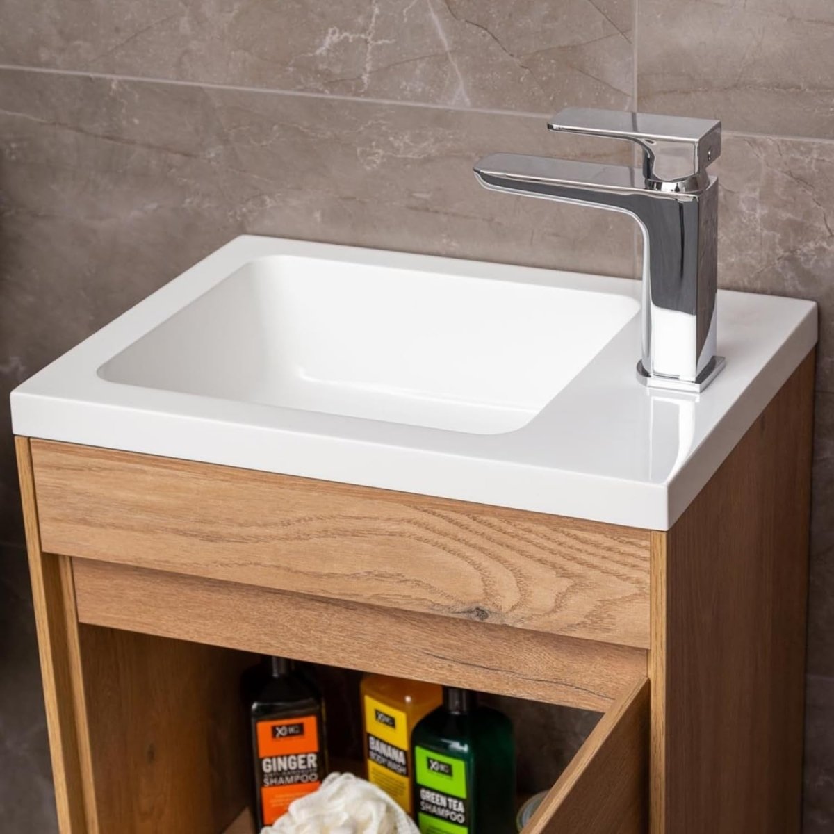 440mm Natural Oak Floor Standing Vanity Unit with Polymarble Basin & Soft Close - Kwikley