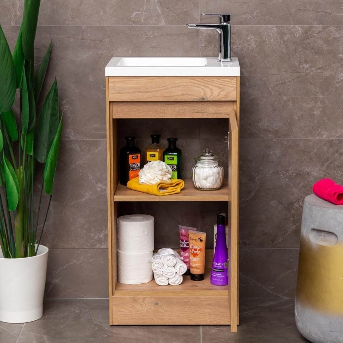 440mm Natural Oak Floor Standing Vanity Unit with Polymarble Basin & Soft Close - Kwikley