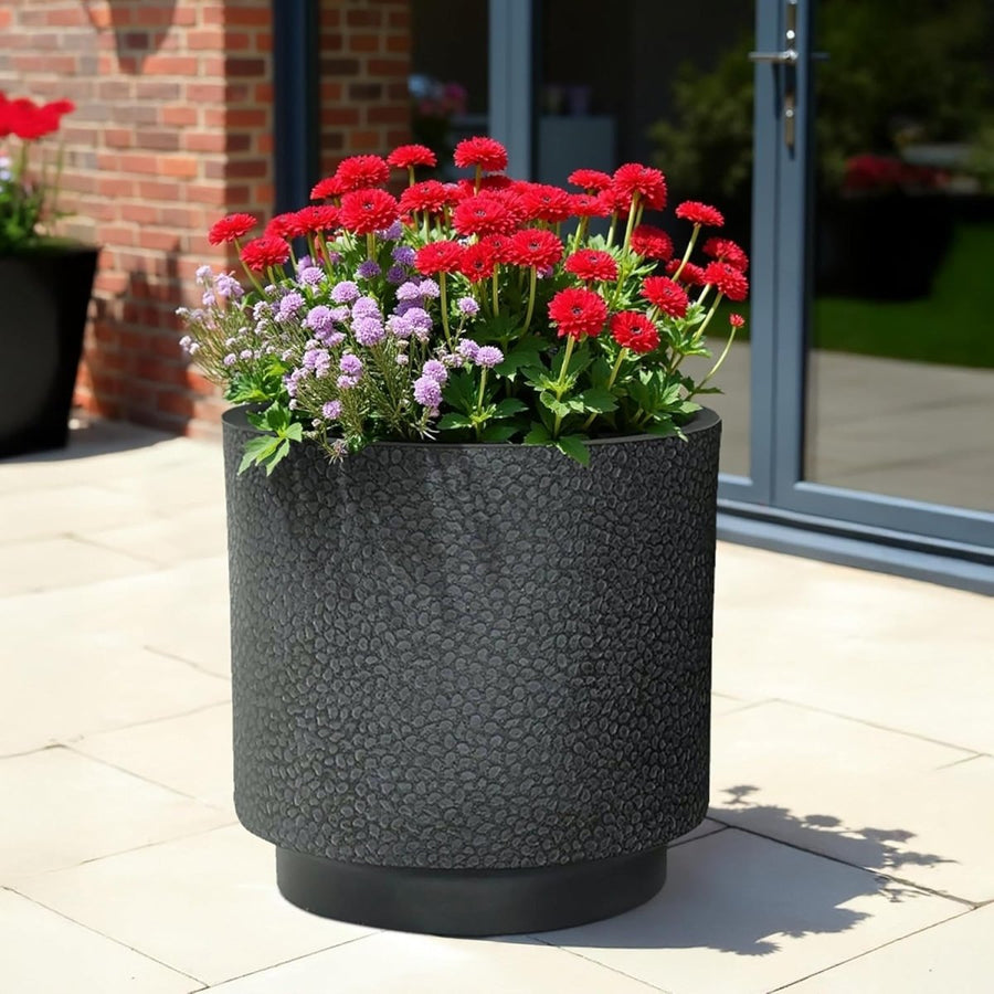 45cm Round Planter Black Stone Effect Large Outdoor Plant Pot - Kwikley